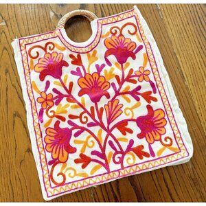 Canvas Floral Embroidered Crewel Straw Wood Handle Tote Bag Boho Handmade